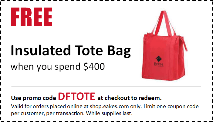 A coupon for free cookies when spending $400 and use the promo code DFTOTE at shop.eakes.com.