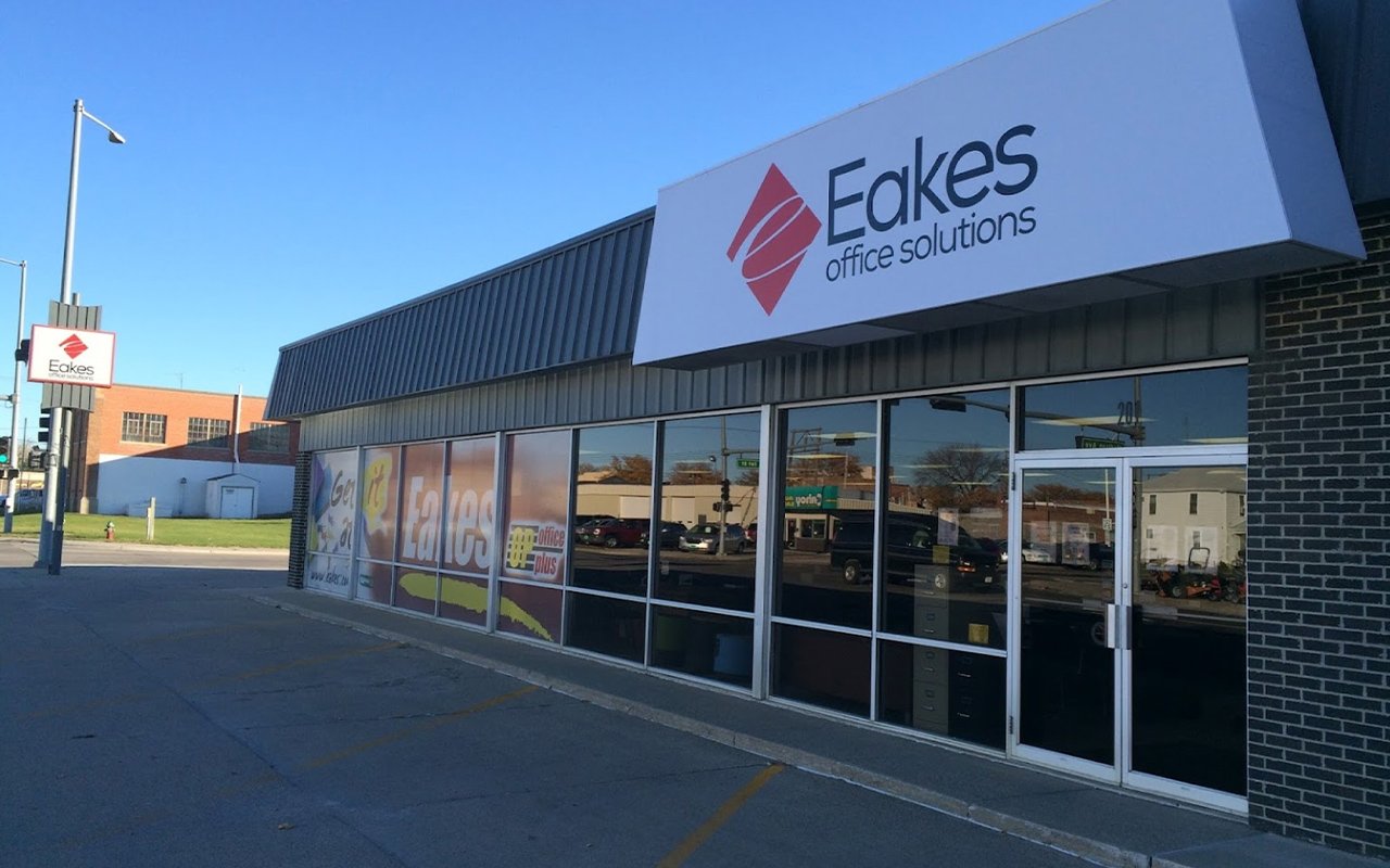 Eakes Office building in Norfolk, Nebraskla with glass windows.