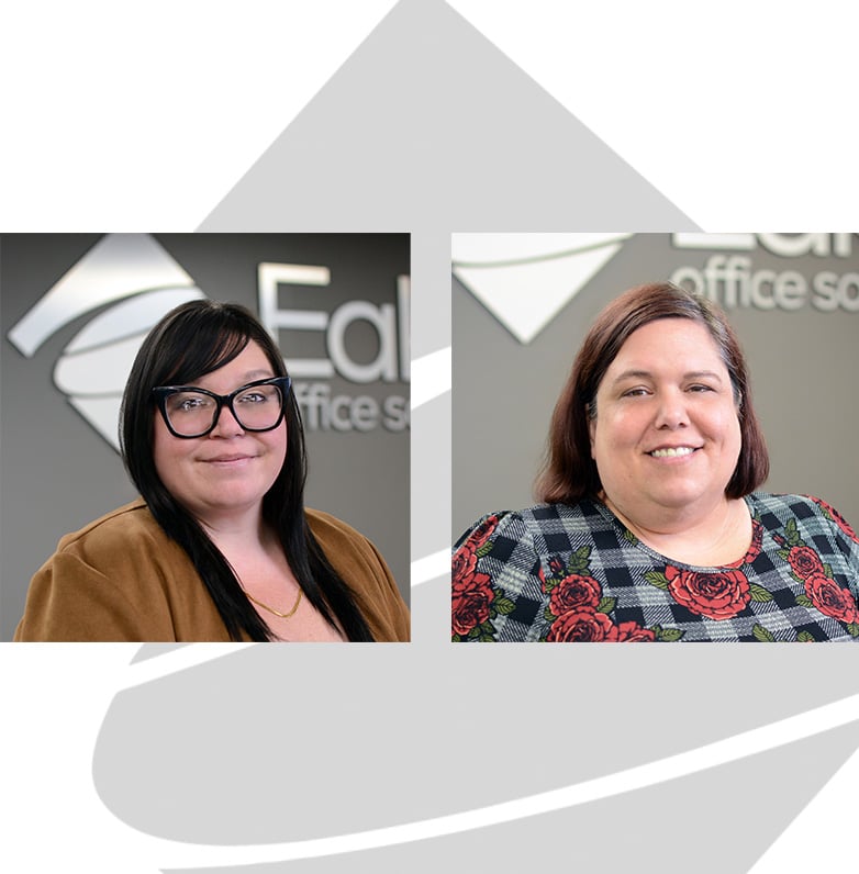 Hannah Jesses and Carrie McCluskey with Eakes logo